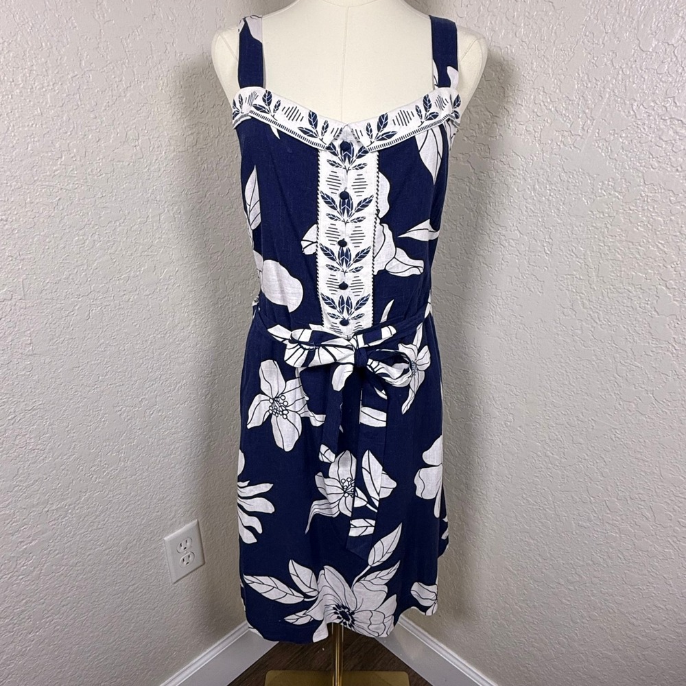 Draper‎ James RSVP Navy Blue White Floral Linen Blend Midi Dress Womens Medium